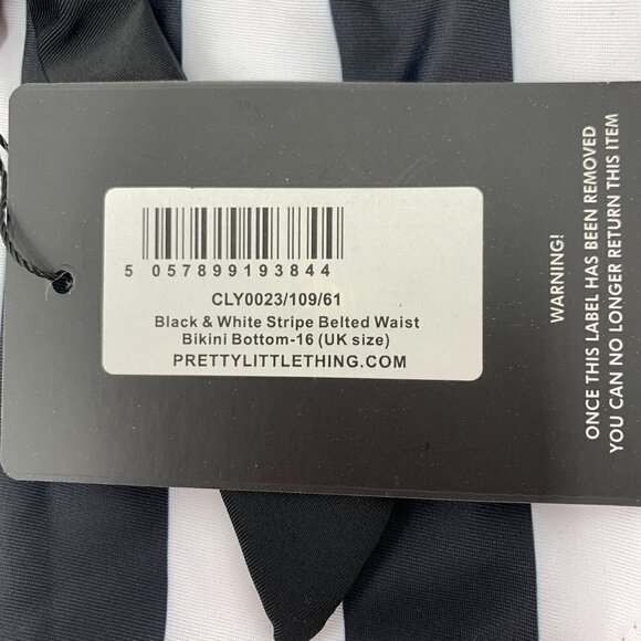 Pretty Little Thing Black & White Stripe Belted Waist Bikini Bottom US Sz12 - Picture 5 of 9